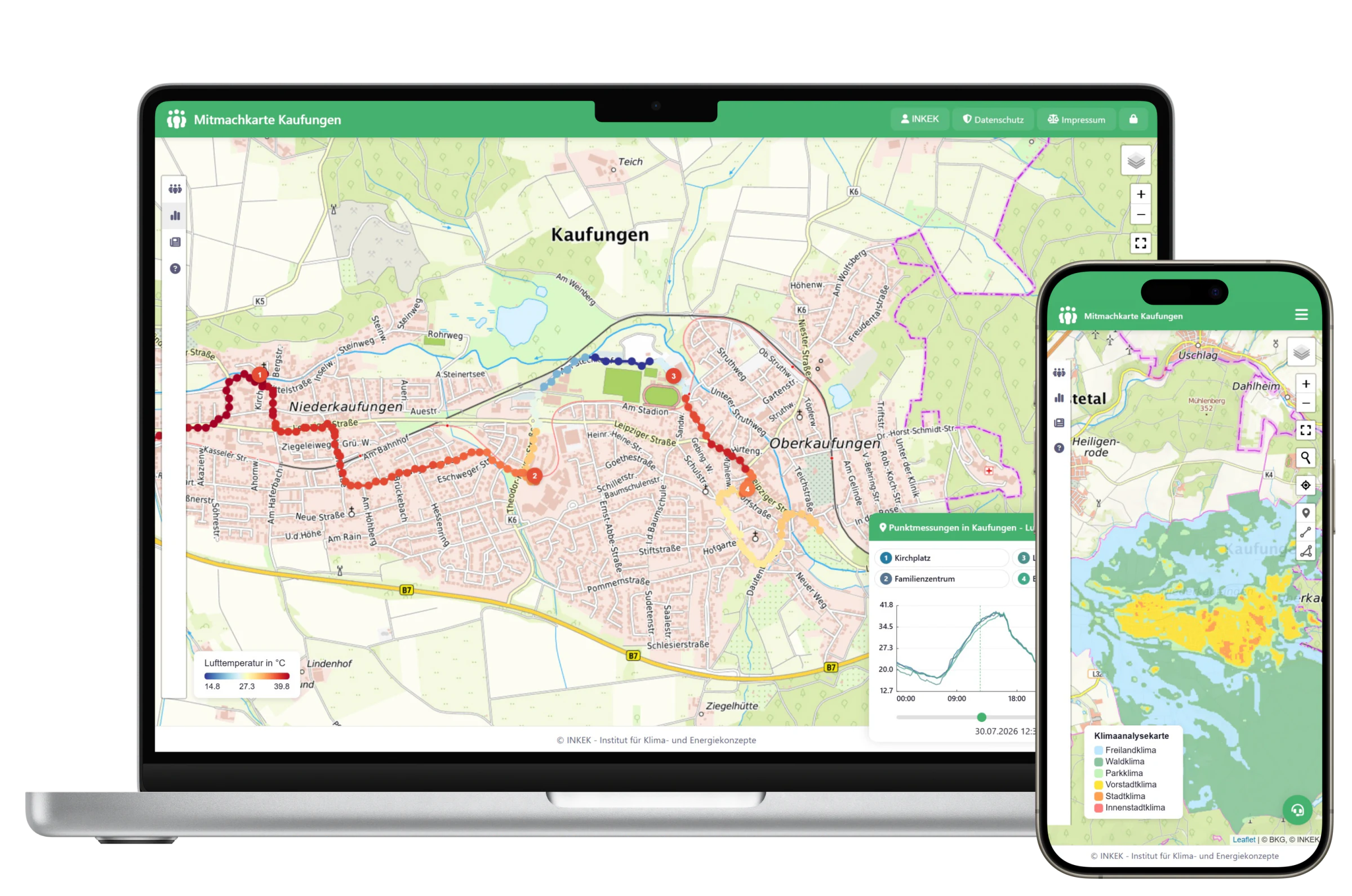 Mitmachkarte mit Messkampagnen und Hintergrundkarten auf Macbook und iPhone